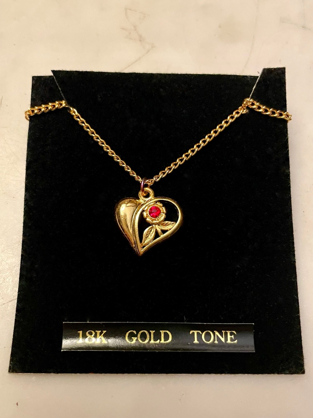 NEW 18kt Gold Tone Heart Pendant Necklace w/ Ruby-Colored Red Rhinestone